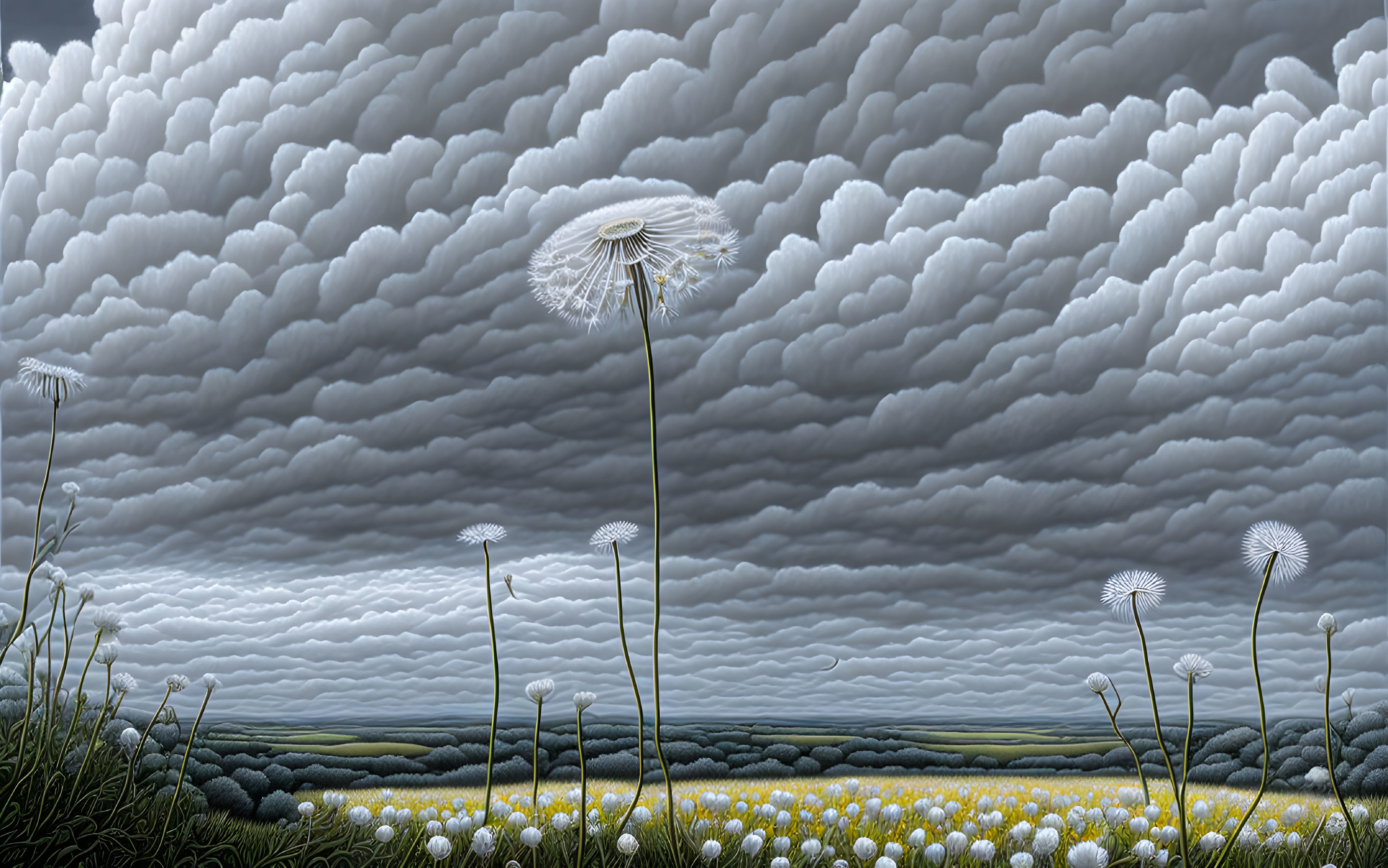 Fields and dandelion seeds