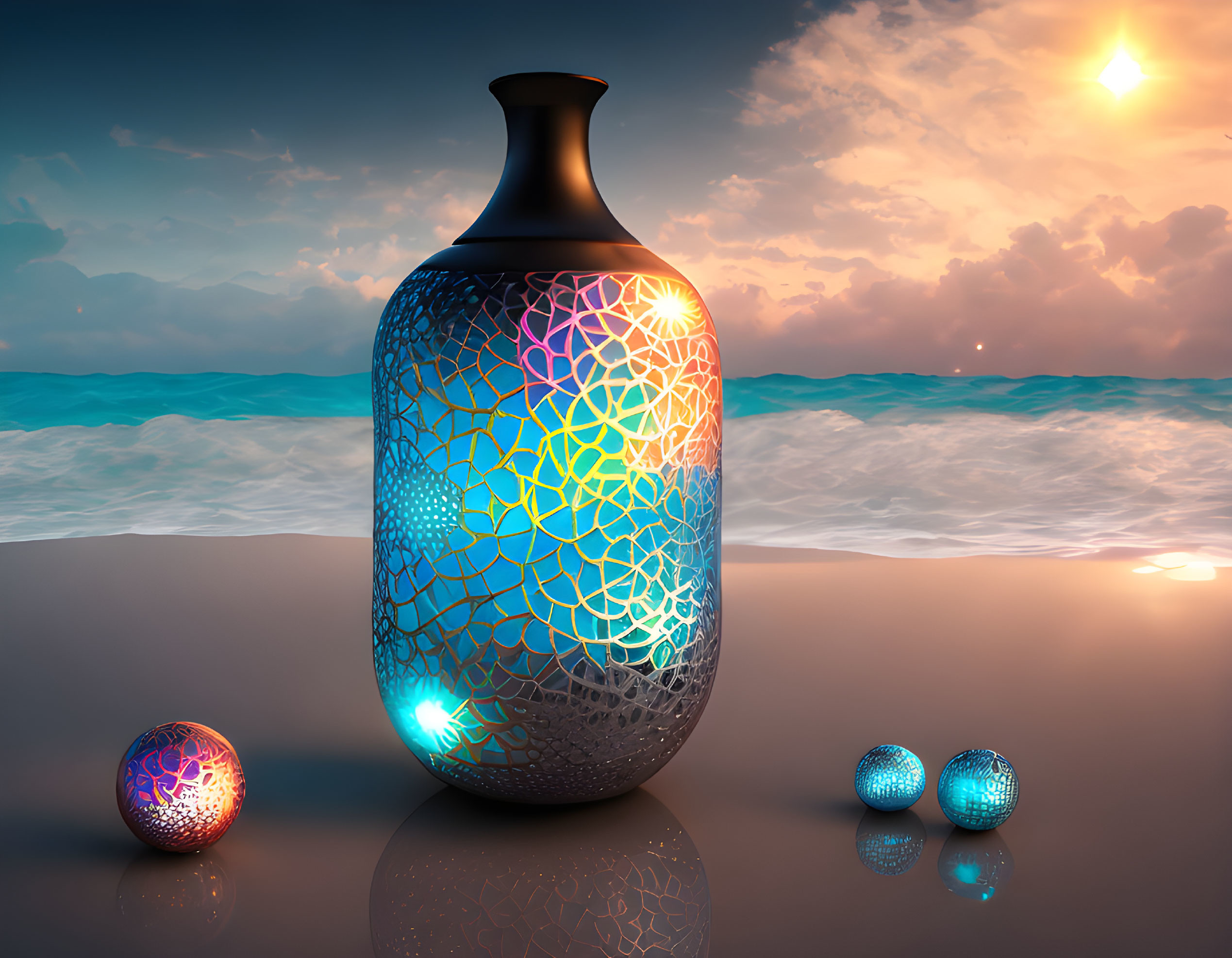 Patterned Vase and Glowing Orbs on Beach at Sunset