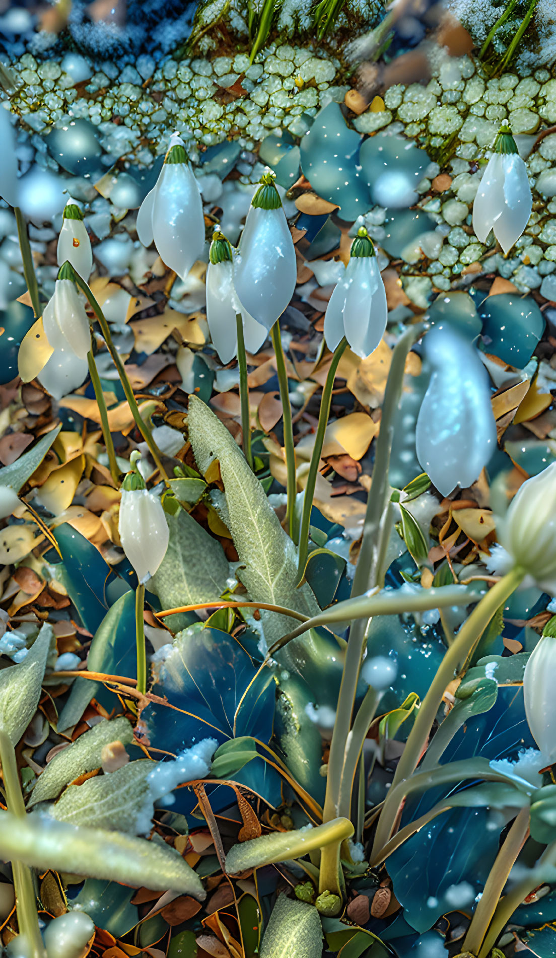 White Snowdrop Flowers Among Fallen Leaves in Sunlight