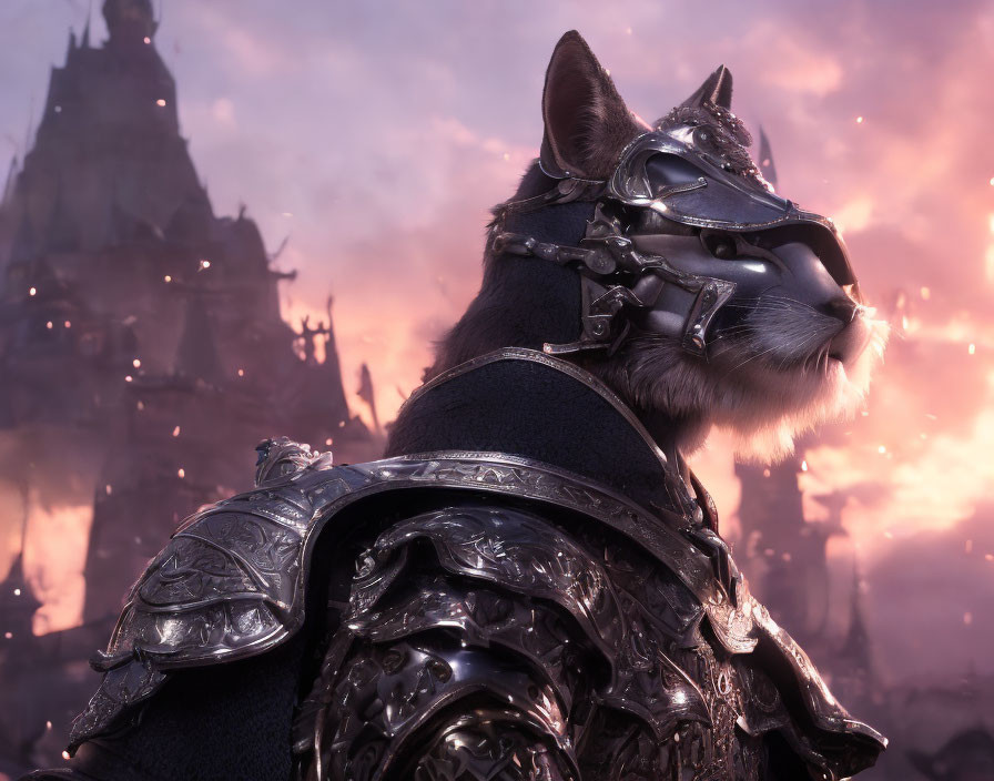 Ornate armored wolf in front of gothic castle and pink sky