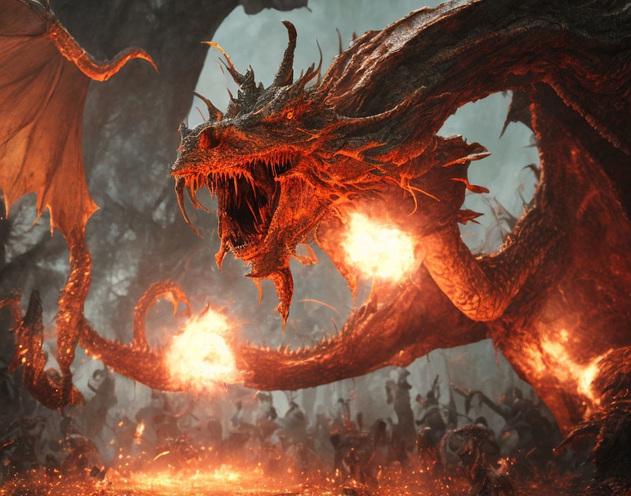Dragon breathing fire on chaotic battlefield with massive wings and horns.
