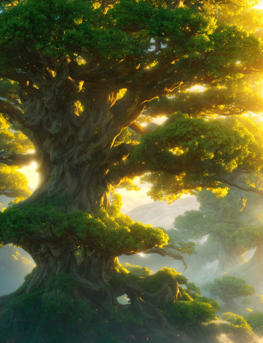 Ancient trees in mystical forest bathed in warm sunlight