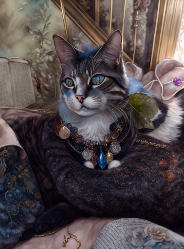 Detailed Cat Illustration with Human-Like Eyes and Elaborate Necklace