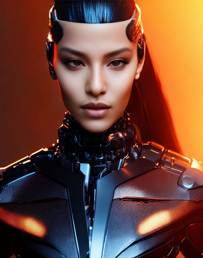 Futuristic cybernetic enhancements on person against orange backdrop