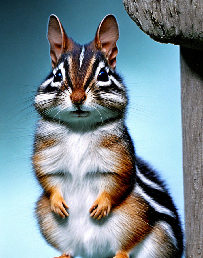 Chipmunk with Front Paws Together on Blue Background