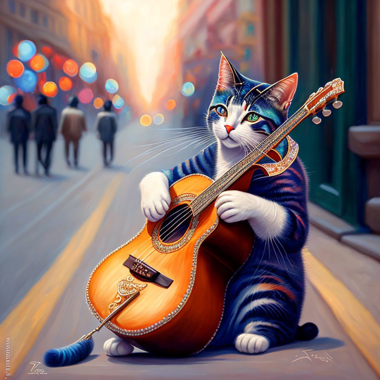 Anthropomorphic Cat Playing Guitar in City Street Scene