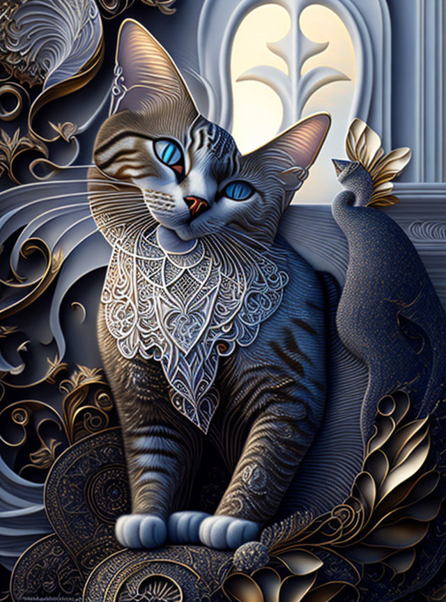 Detailed illustration of two cats with elaborate patterns and bright blue eyes on ornate background