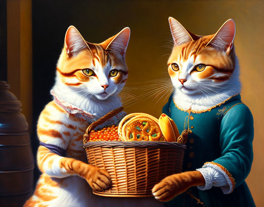Two cats in classical attire with bread basket on dark background