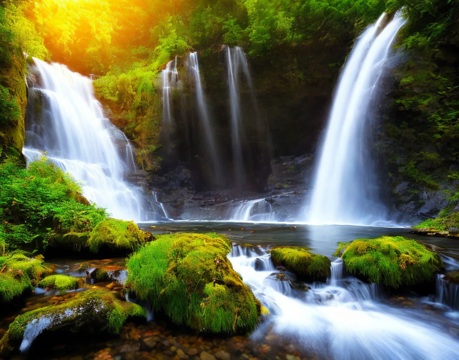 Scenic waterfall in lush greenery with sunlight filtering through foliage