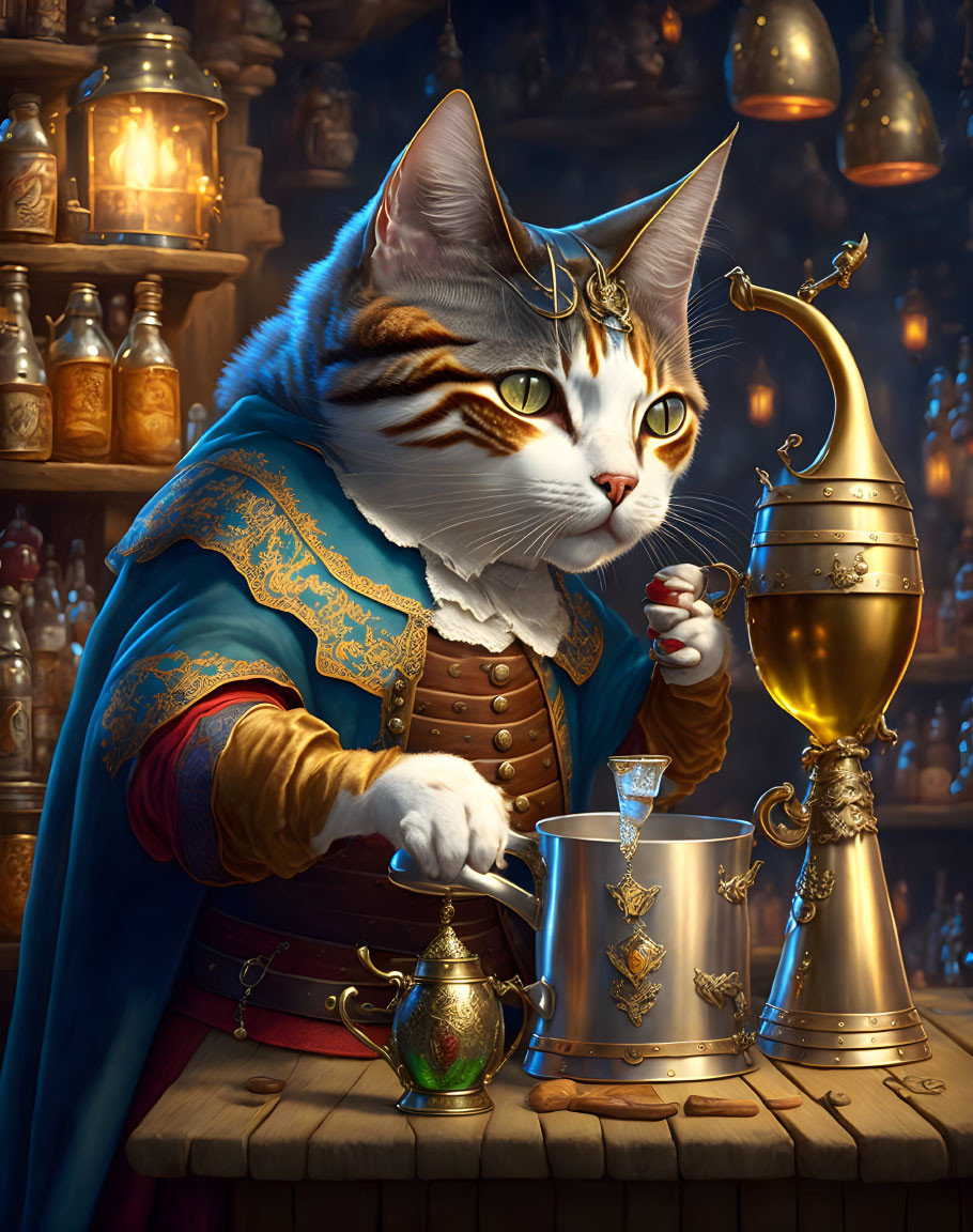Regal cat in Renaissance attire pouring drink in candlelit room