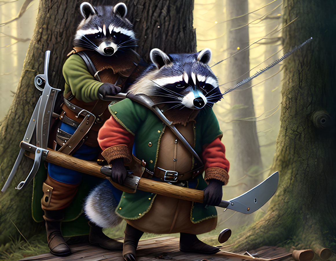 Anthropomorphic raccoons in medieval attire with sword and bow in forest