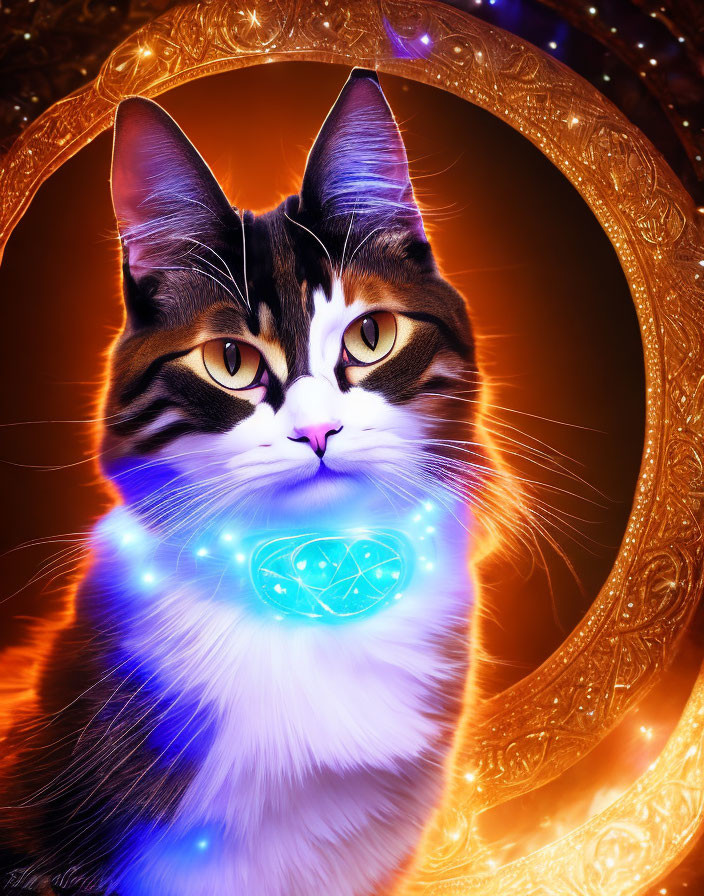 Majestic cat with glowing blue pendant on ornate golden background
