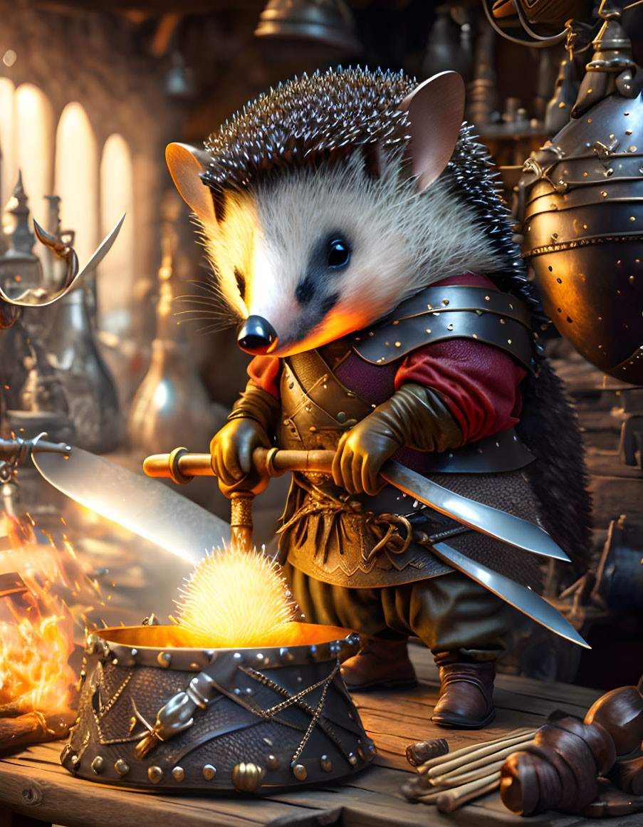 Anthropomorphized hedgehog blacksmith forging sword in medieval fantasy scene.