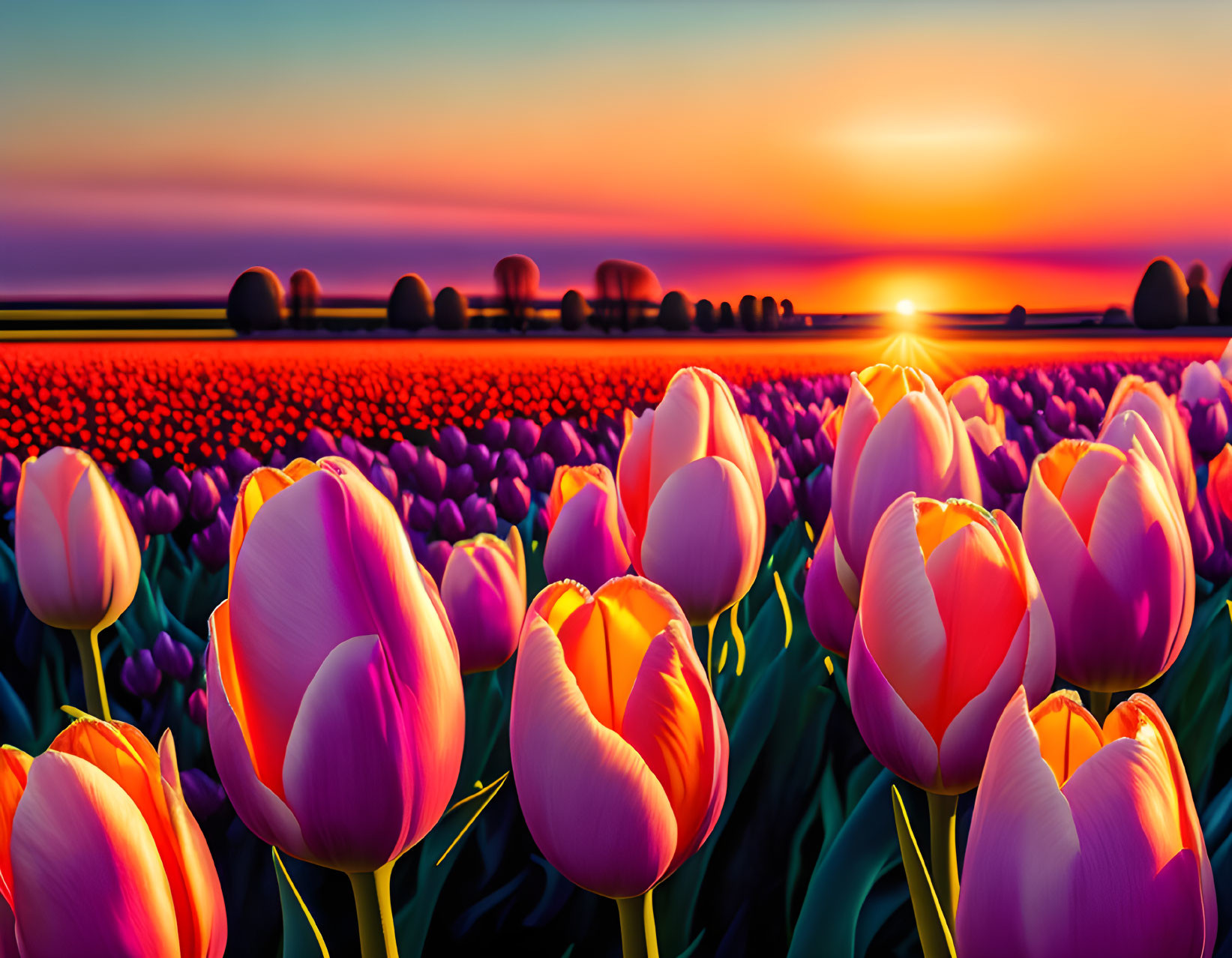 Sunset Over Tulips
