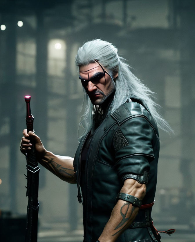 White-Haired Man in Black Leather Jacket with Sword and Futuristic Eyewear in Industrial Setting