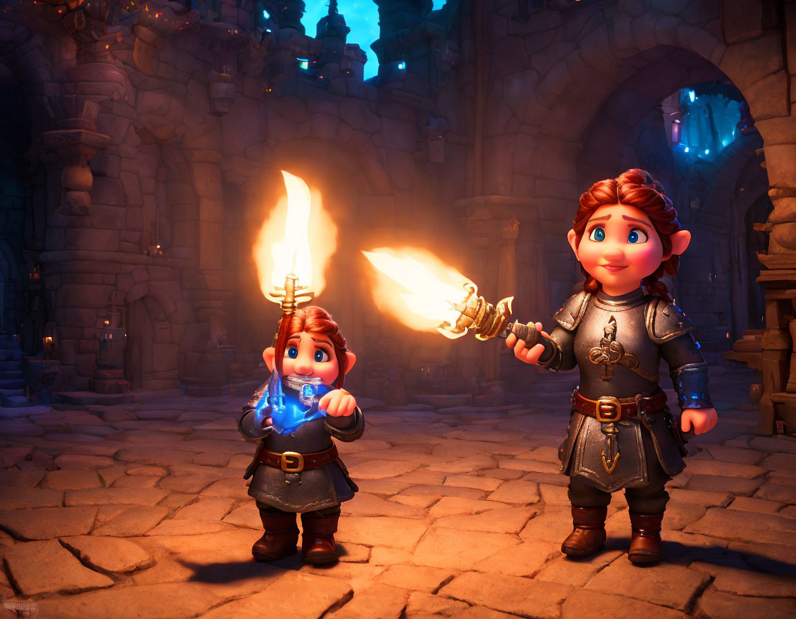 Animated fantasy characters: small mage with blue magic and warrior with torch in dimly lit castle hallway