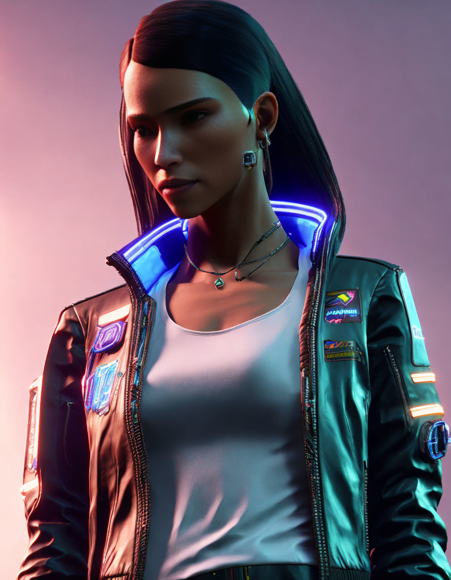 Digital portrait of woman with sleek hair in futuristic jacket on pink and blue gradient.