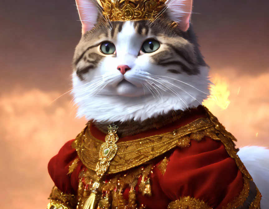 Regal cat wearing golden crown and royal attire on clouded background