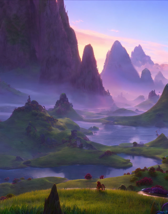 Mystical landscape at twilight with lush greenery, rivers, peaks, and lone figure.