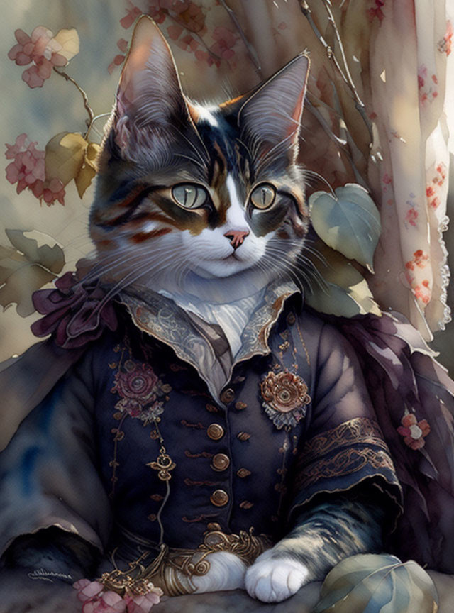 Elegant anthropomorphic cat in 18th-century attire among soft floral setting