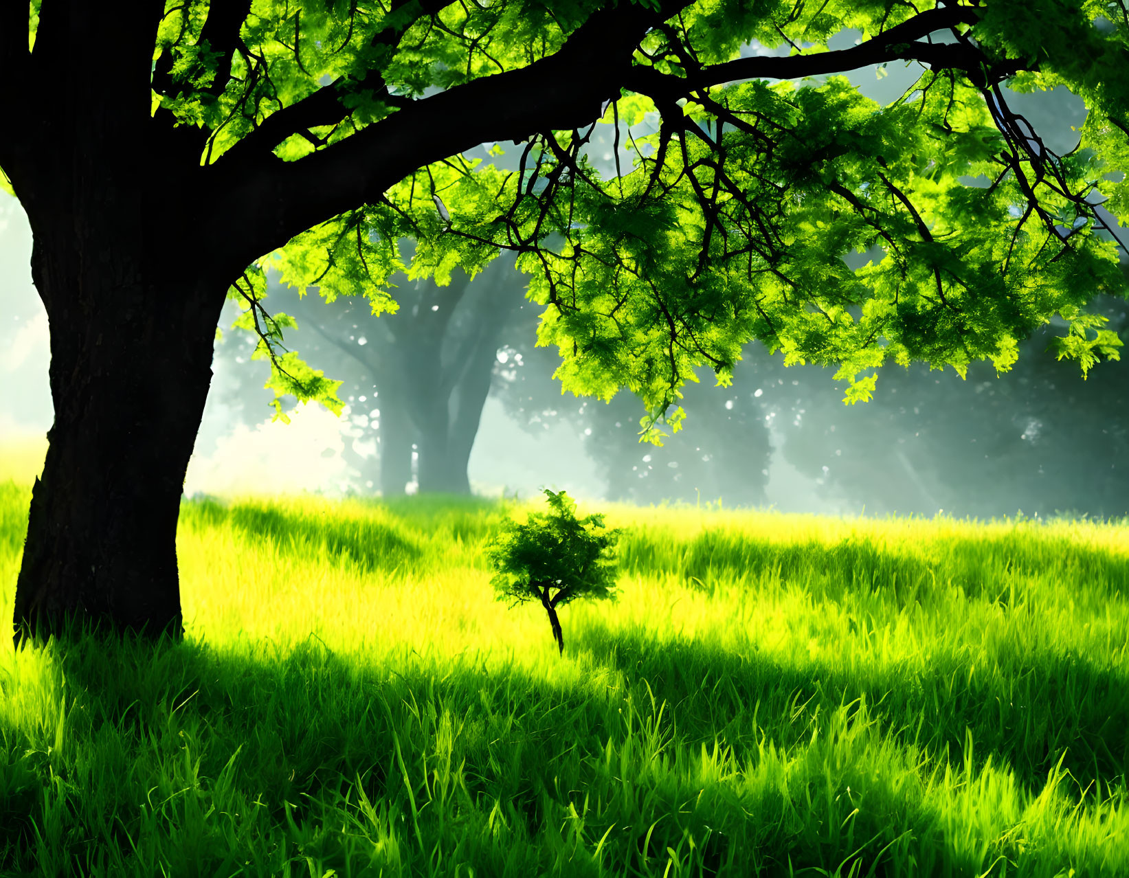 Lush green landscape with small tree and sunlight filtering through trees