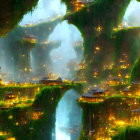Mystical landscape with illuminated cave dwellings and bridges amid towering rock formations