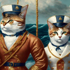 Anthropomorphized cats in naval uniforms on stormy sea backdrop