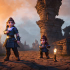 Medieval-themed animated characters in cobblestone courtyard at dusk