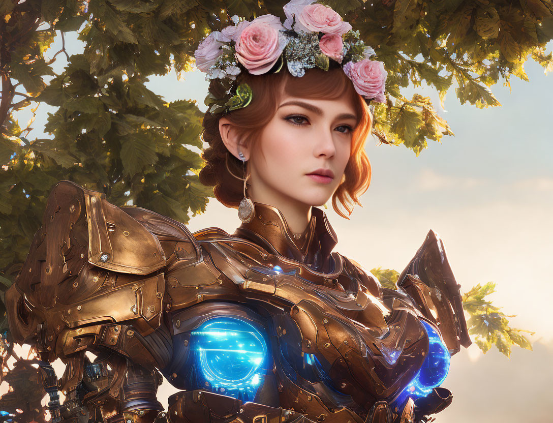 Woman in floral crown and glowing blue armor amidst sunlit leaves