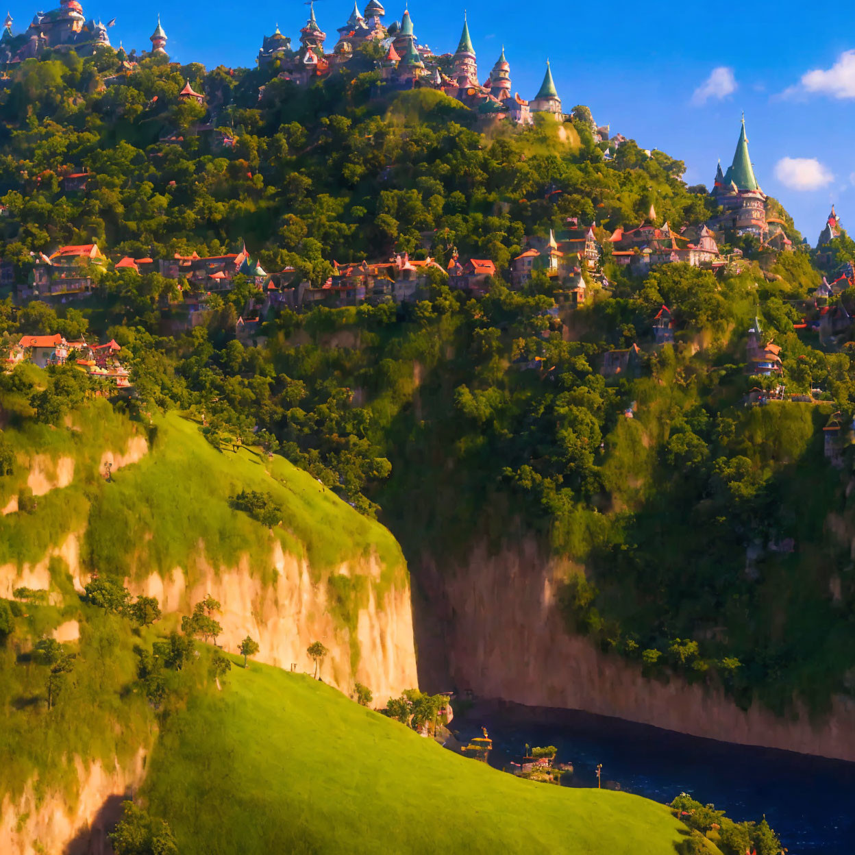 Scenic green cliff above river with vibrant village and spired rooftops