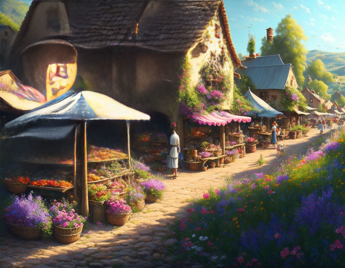 Colorful village market street with fruit and flower stalls, thatched-roof cottage, and person in