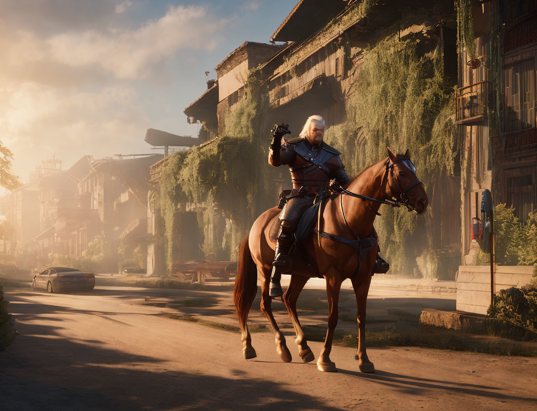 White-Haired Warrior on Horse in Deserted City Street with Sunbeams