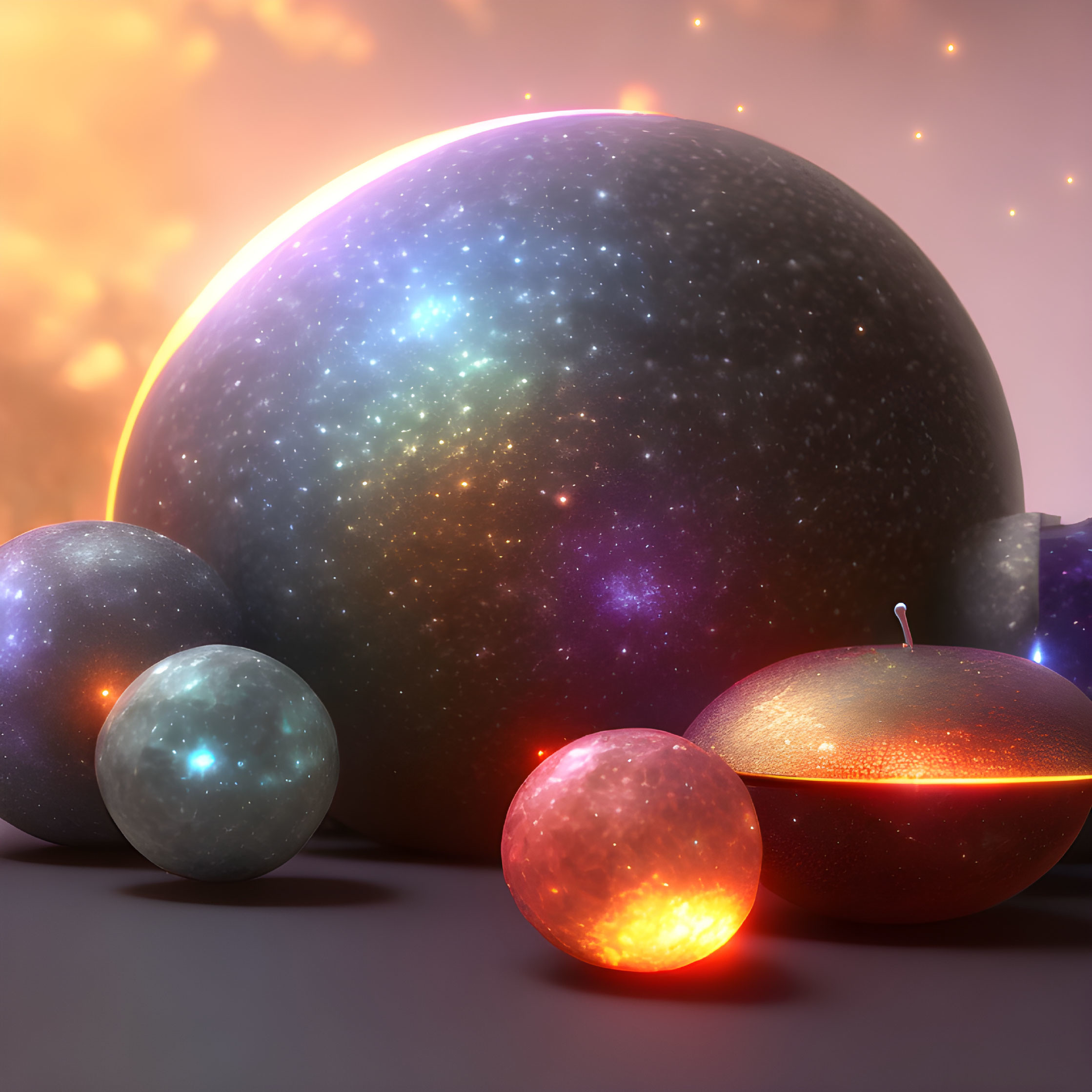 Cosmic spherical objects with textured surfaces in warm light.