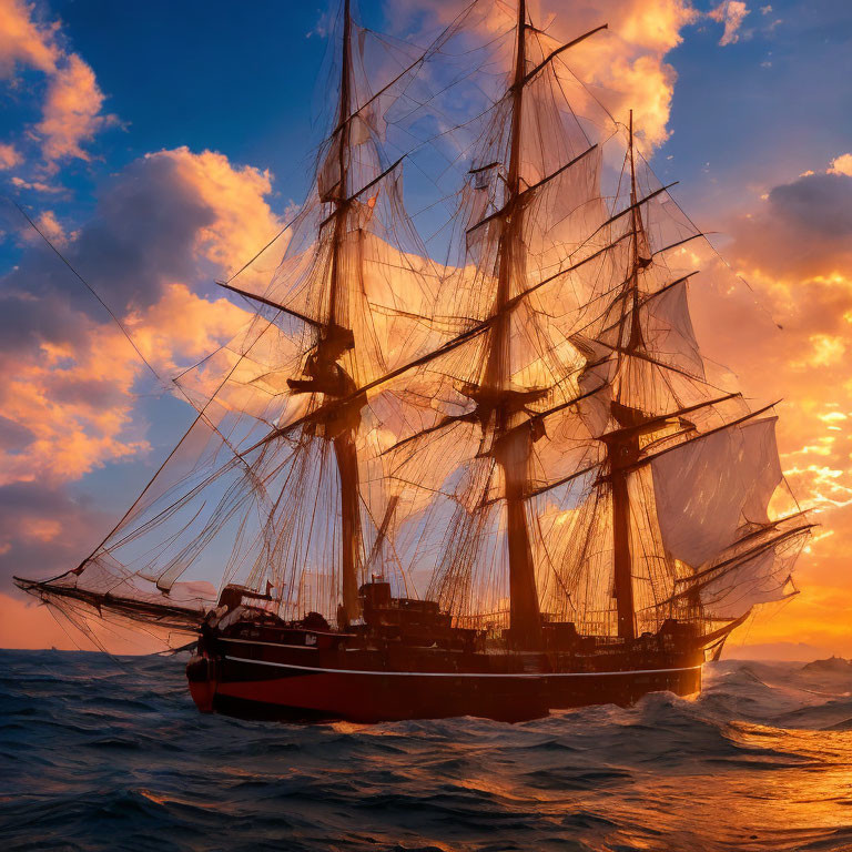 Tall ship with billowing sails in turbulent sea under dramatic sunset sky