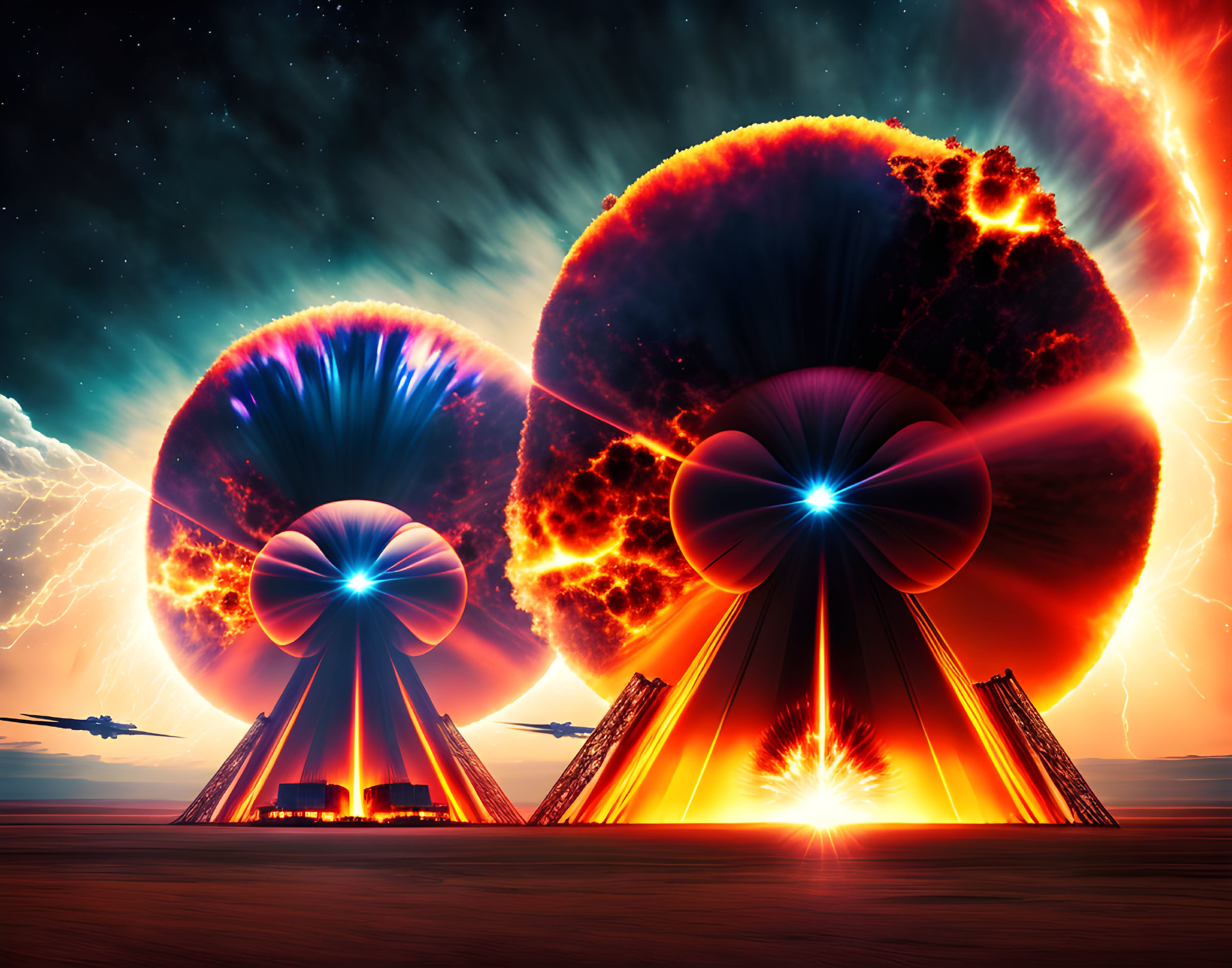Sci-fi illustration: Colossal mushroom clouds with radiant cores and lightning strikes