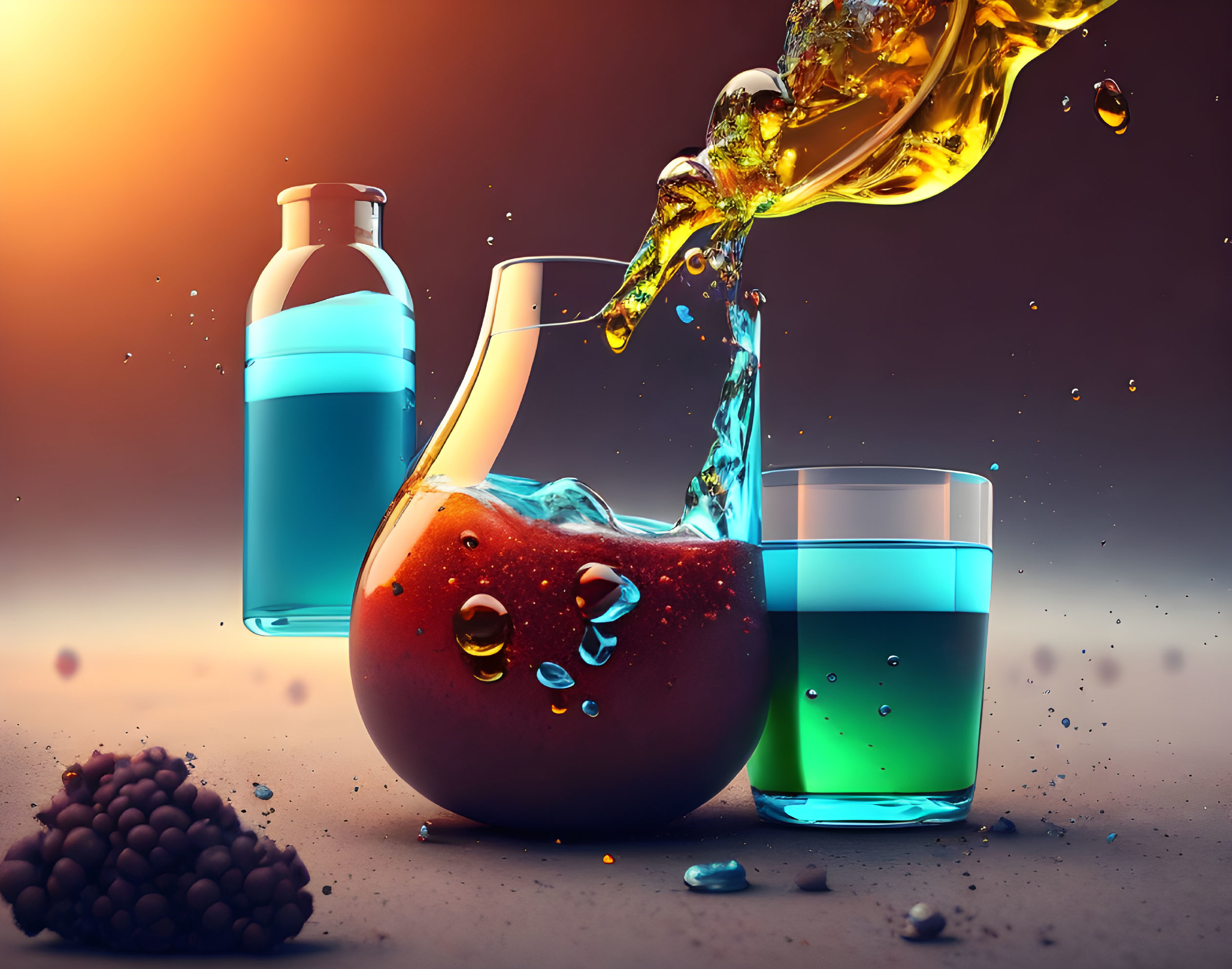 Colorful liquids merging in apple-shaped glass on warm backdrop
