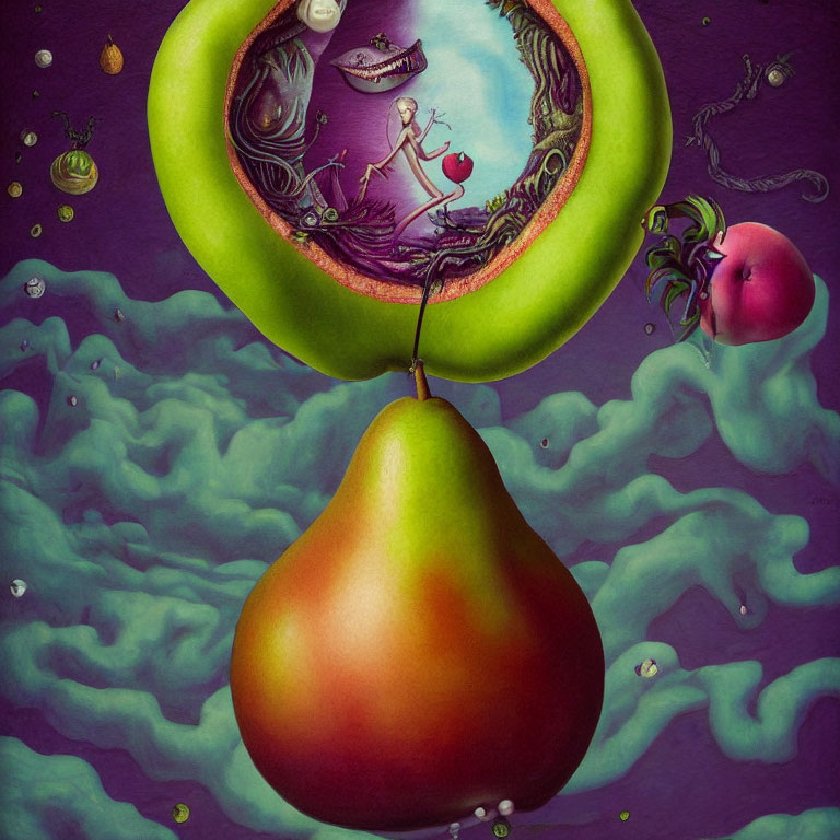 Surreal artwork: pear with tiny figure, boat, crescent moon, whimsical elements on