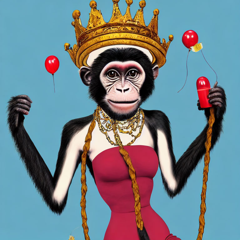 Chimpanzee in red dress with crown and balloon on blue background