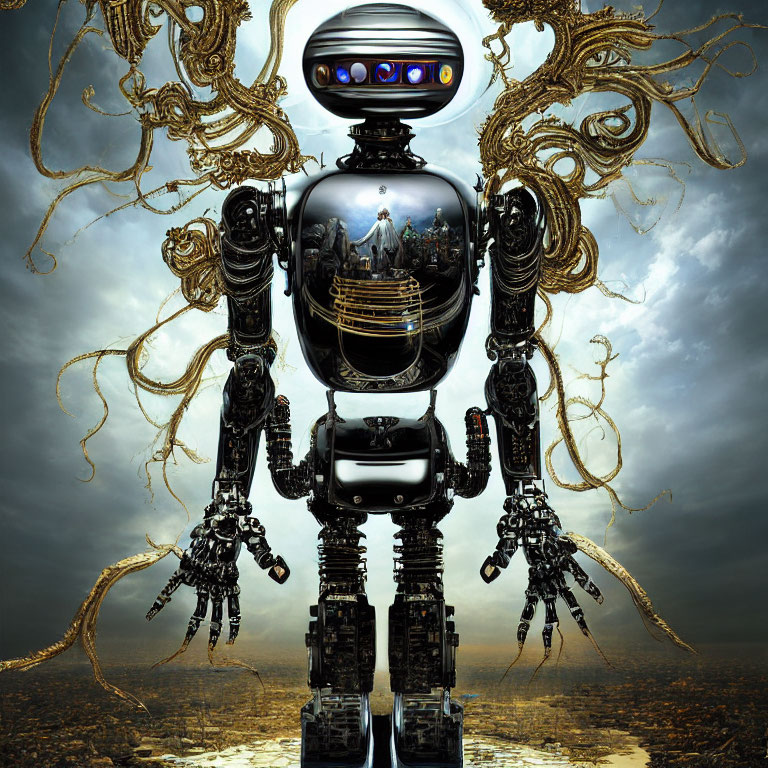 Intricate golden wires on futuristic robot against dystopian skyline
