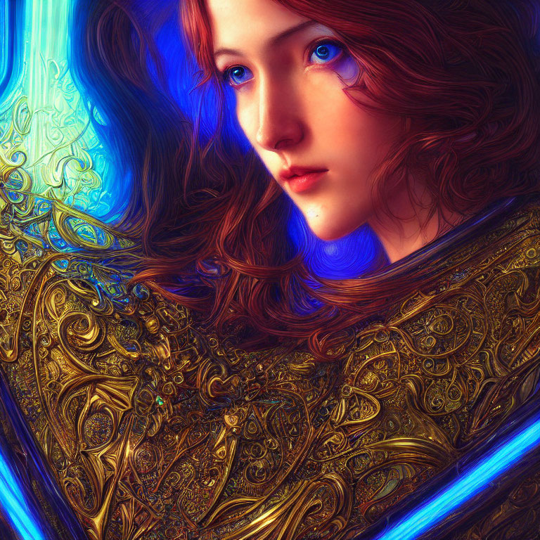Digital art: Woman with red hair in golden armor