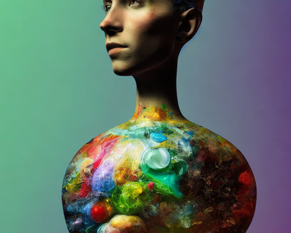 Colorful Bubble-Like Textures on Bare Head and Shoulders