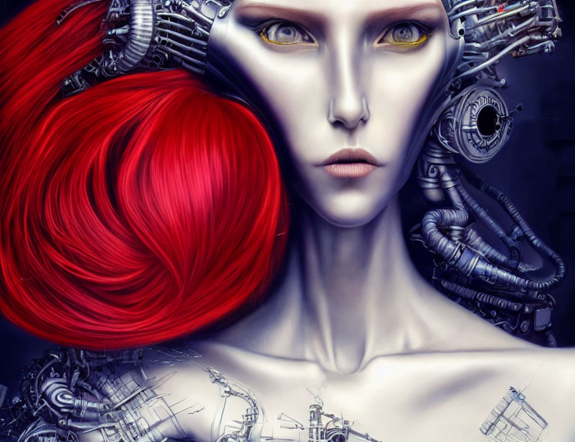 Female cyborg digital art: red hair, yellow eyes, mechanical neck and shoulders