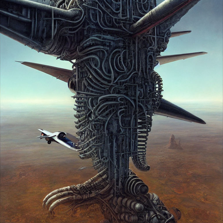 Surreal artwork: Enormous mechanical humanoid structure with airplane in barren landscape