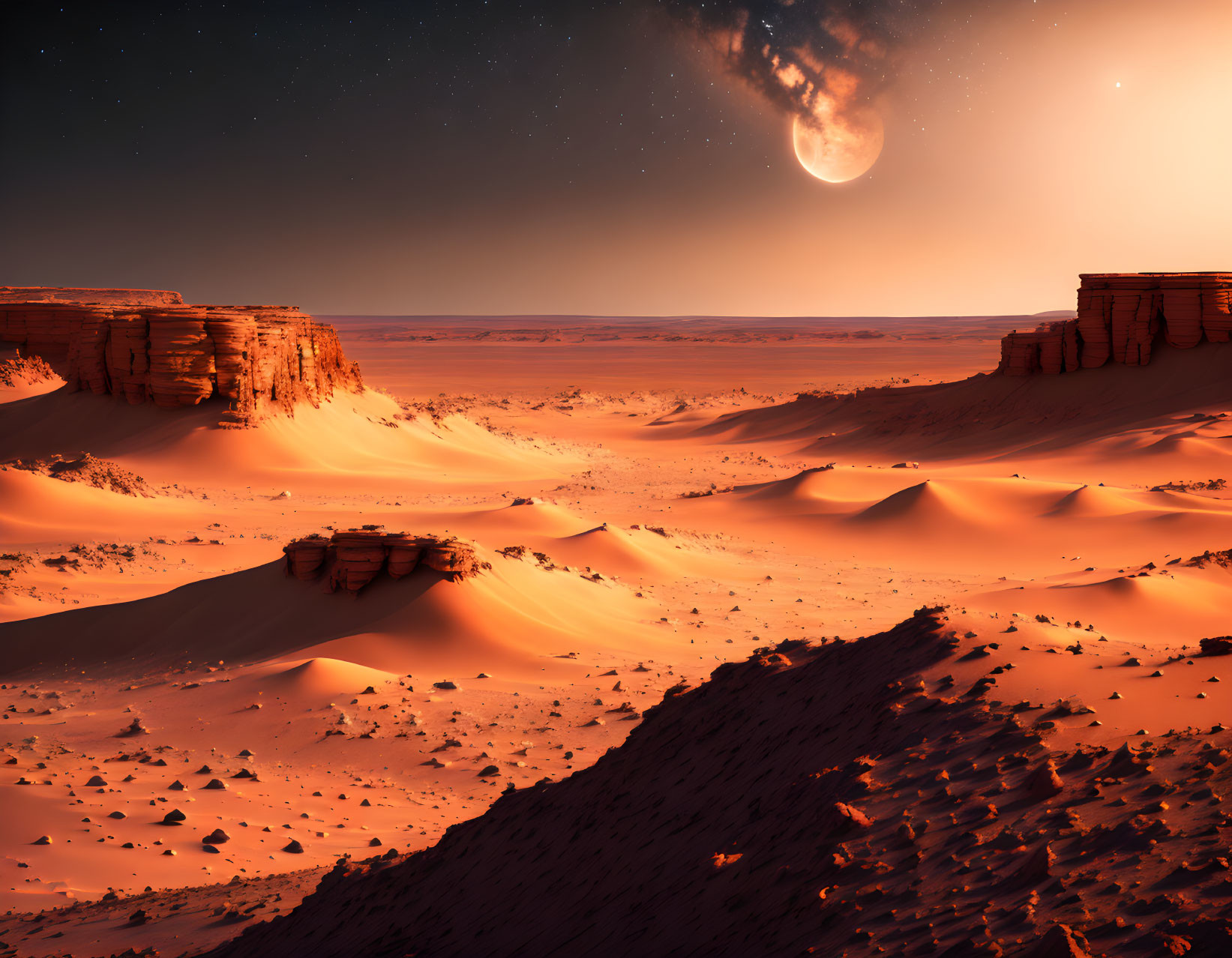Desert landscape at twilight with sand dunes, rock formations, moon, and stars
