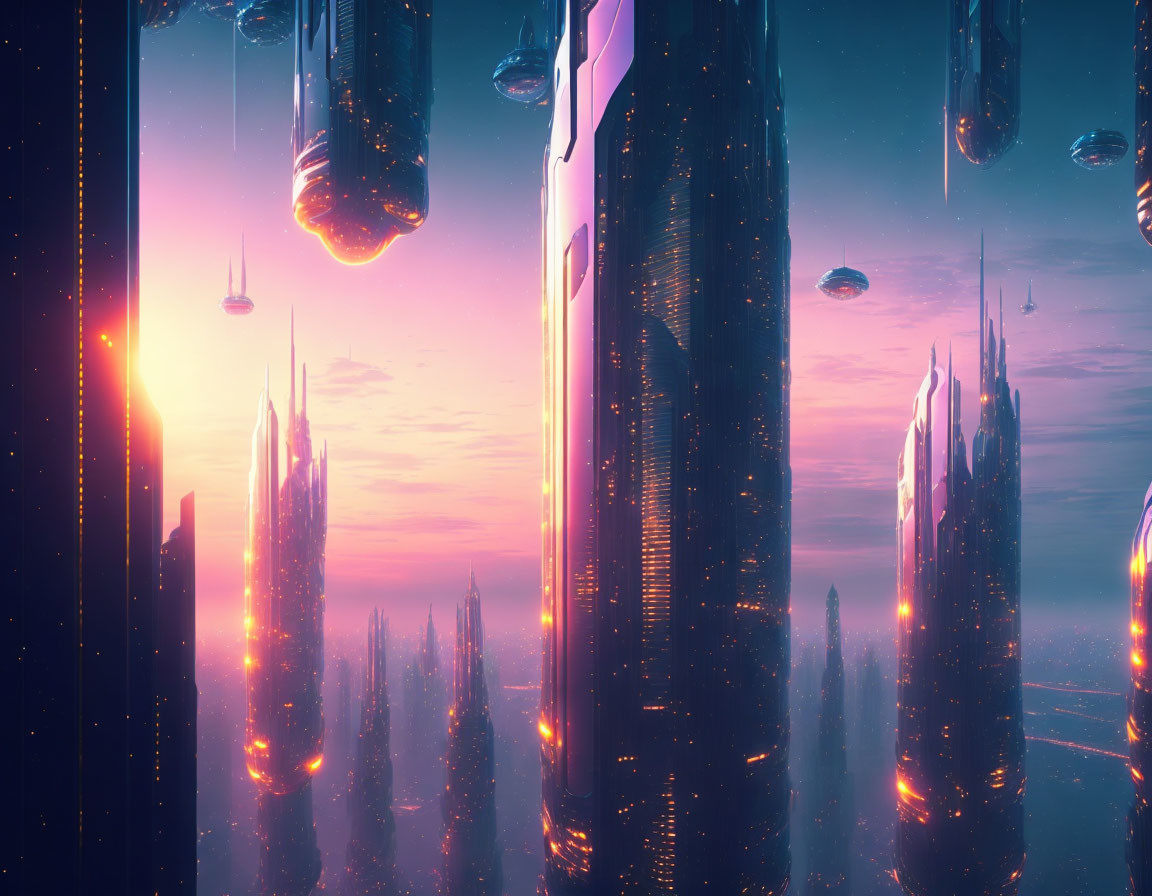 Futuristic cityscape with skyscrapers and flying vehicles at sunset