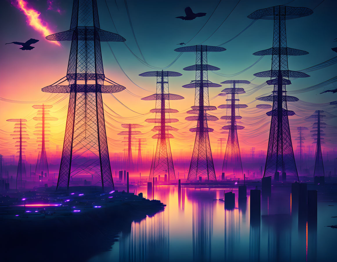 Surreal landscape with electric pylons, vibrant sky, calm water, and birds.