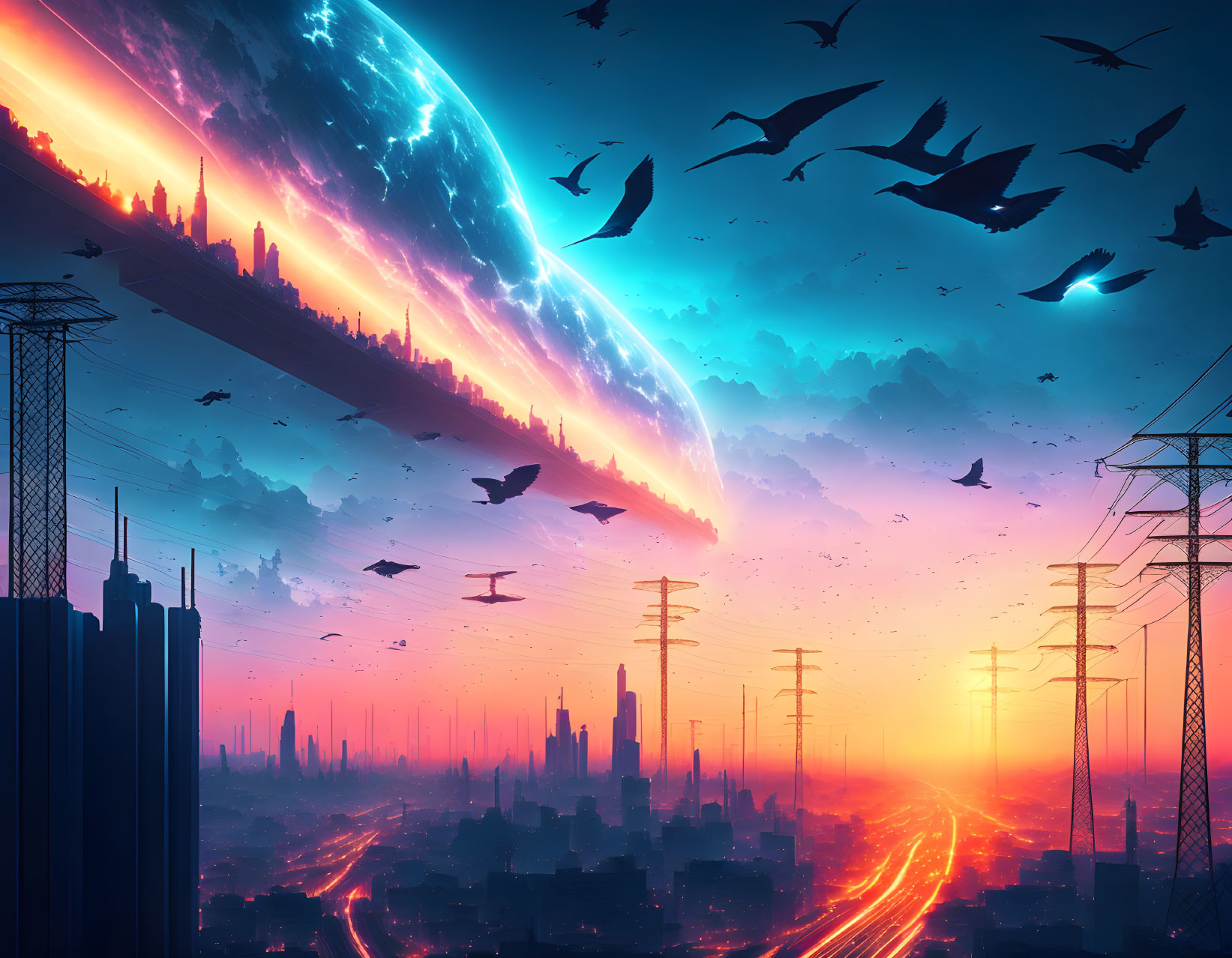 Futuristic cityscape at sunset with glowing roads and giant comet