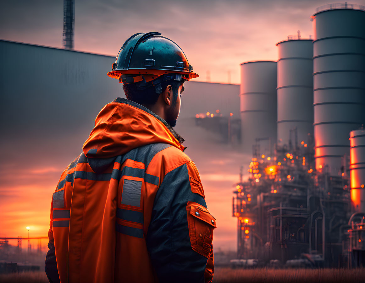 Worker in high-visibility vest and helmet views illuminated industrial plant at dusk