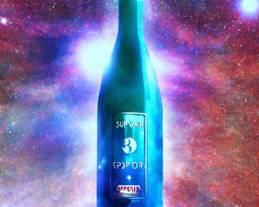 Blue "SUPVAR" Bottle with Number 3 on Cosmic Starry Background