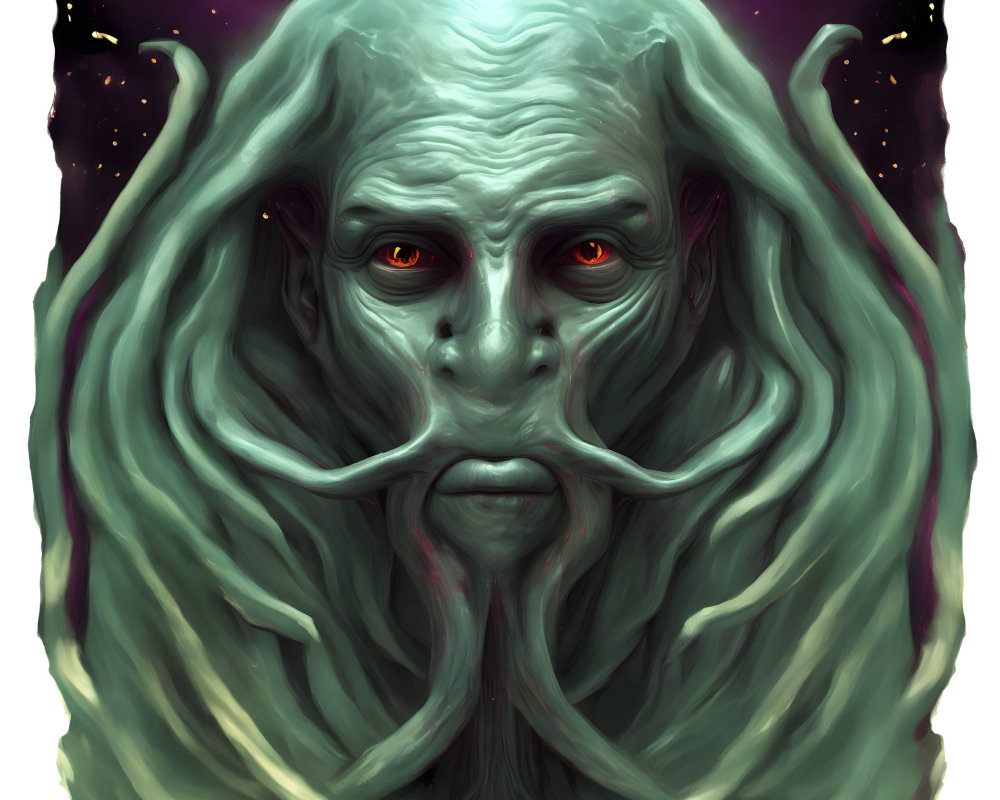 Green visage, red eyes, cosmic tendrils on starry backdrop
